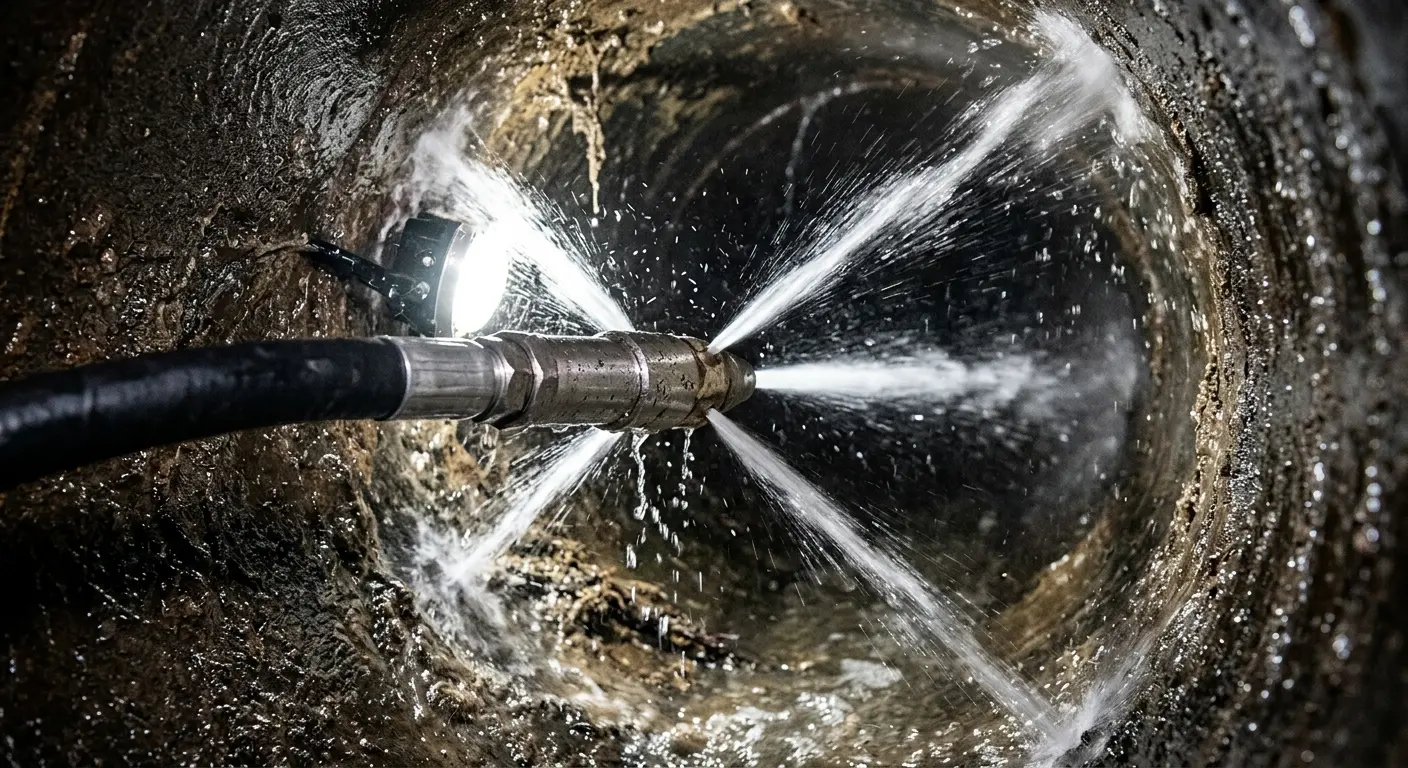 High-pressure hydro jetting nozzle cleaning sewer pipe for Emergency Drain Service in Wooster