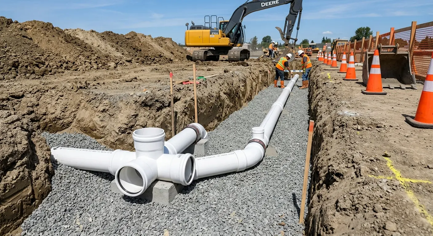New PVC sewer pipe installation in open trench for Commercial Drain Cleaning in Wooster