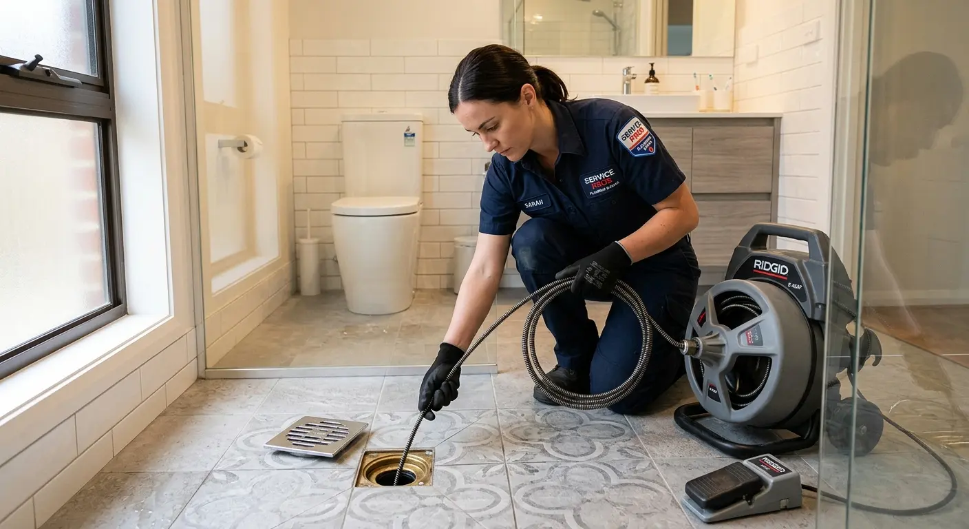 Technician clearing a bathroom floor drain for Clogged Drain Repair in Wooster